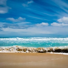 water, Sand, clouds, Waves