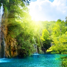 waterfall, viewes, clouds, trees