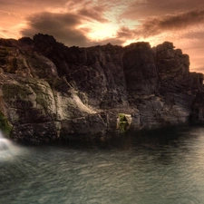 clouds, waterfall, Mountains, dark, water