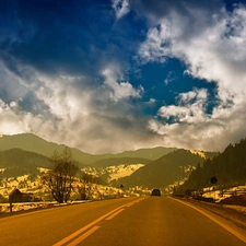 Way, woods, clouds, Mountains