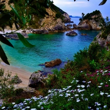 rocks, sea, Greece, Corfu Island, Coast, Beaches