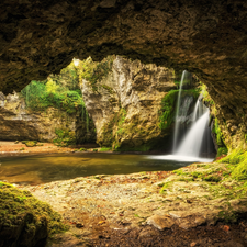 Canton Vaud, Switzerland, Venoge River, Waterfall Tine de Conflens, mossy, rocks, VEGETATION, Stones, cave