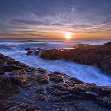 east, sun, Coast, rocks, sea