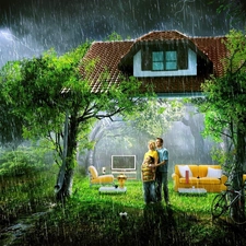 Family, house, Rain