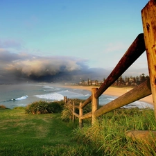 sea, Meadow, Fance, clouds