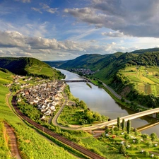 field, clouds, Houses, Bridges, River