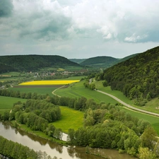 field, Way, Mountains, woods, River