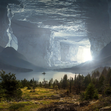 viewes, trees, grass, sun, ligh, roe, luminosity, cave, photomontage, flash, rocks, lake