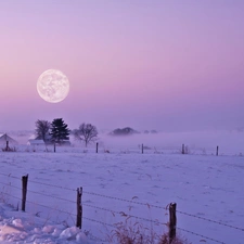 field, winter, Fog, moon, snow, twilight