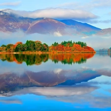 Mountains, lake, Fog, forest