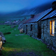 Stone, Mountains, Fog, Houses