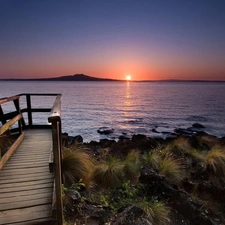 west, lake, footbridge, sun