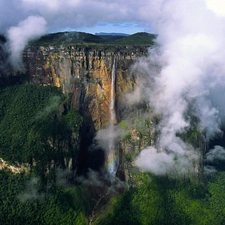 clouds, waterfall, forest, rocks