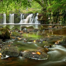 River, waterfall, forest, Stones