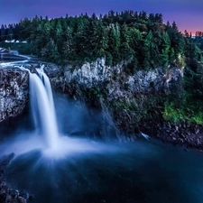 forest, waterfall, rocks