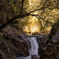 rocks, waterfall, forest, Przebijaj?ce, luminosity, autumn, sun, flash, ligh