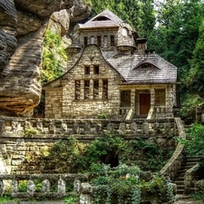 Old car, Stairs, Garden, house