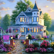 house, Flowers, Garden, Fance