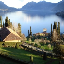 Mountains, house, Garden, lake