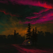 Way, color, clouds, viewes, aurora polaris, graphics, Sky, Night, trees, house