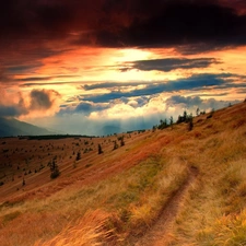 autumn, clouds, grass, Mountains