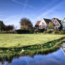 grass, brook, medows, field, Houses