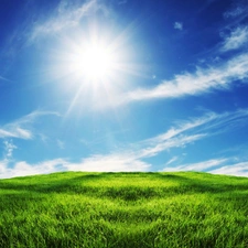 grass, Meadow, sun, clouds, Sky