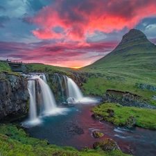 Mountains, waterfall, bridges, iceland, Great Sunsets, River