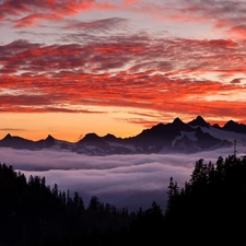 Mountains, Fog, Great Sunsets, clouds
