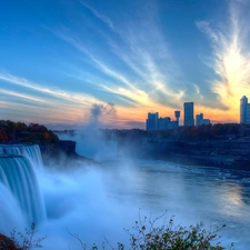 waterfall, skyscrapers, Great Sunsets, Niagara Falls