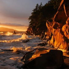 sea, cliff, Great Sunsets, Waves