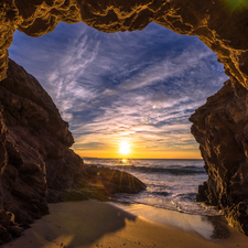 sea, rocks, Great Sunsets, cave