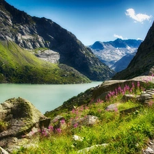 green, Mountains, River