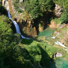 green, waterfall, rocks