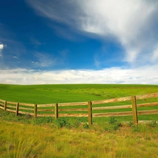 green ones, Spring, wooden, Fance, field, Extensive