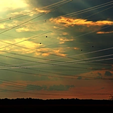 rays, clouds, high, tensions, lines, Sky