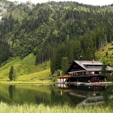 house, Fog, woods, River, Mountains