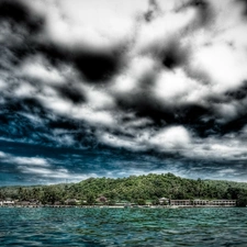 Houses, beach, sea, Coast, clouds