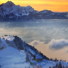 Houses, winter, woods, clouds, Mountains