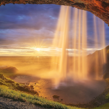 rocks, Great Sunsets, iceland, Seljalandsfoss Waterfall