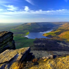 landscape, The Hills, lake, rocks