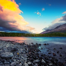 Mountains, clouds, lake, Stones