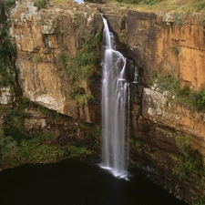 lake, canyon, waterfall