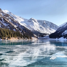 lake, Mountains, winter