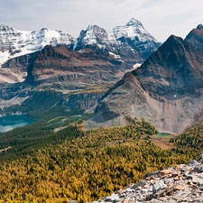 lake, Mountains, woods