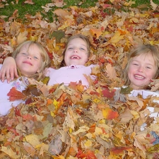 Leaf, Laugh, girls, autumn, Three