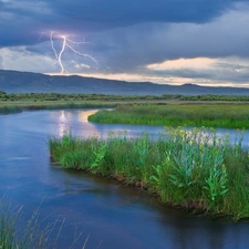 Mountains, River, viewes, trees, clouds, lightning, lightning, green, grass, Storm, Sky