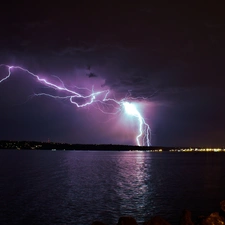 lightning, lake, Storm