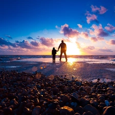 sea, west, a man, Kid, Stones, sun