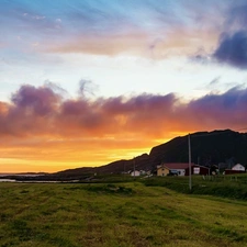 Meadow, buildings, sun, Mountains, west